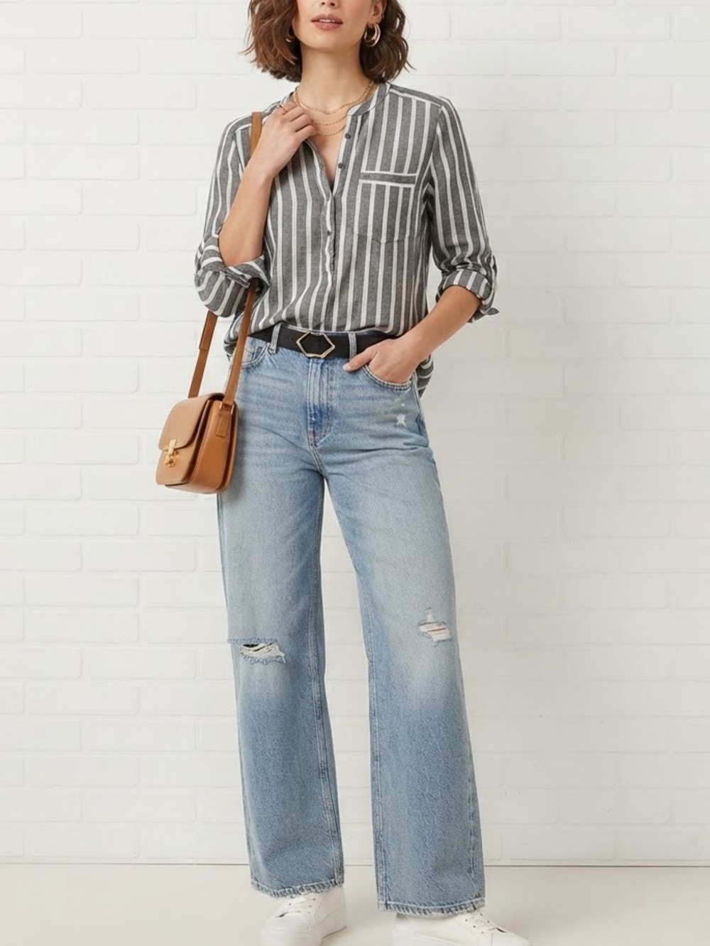Lucky Brand Vertical Striped Henley Shirt - Gray & White